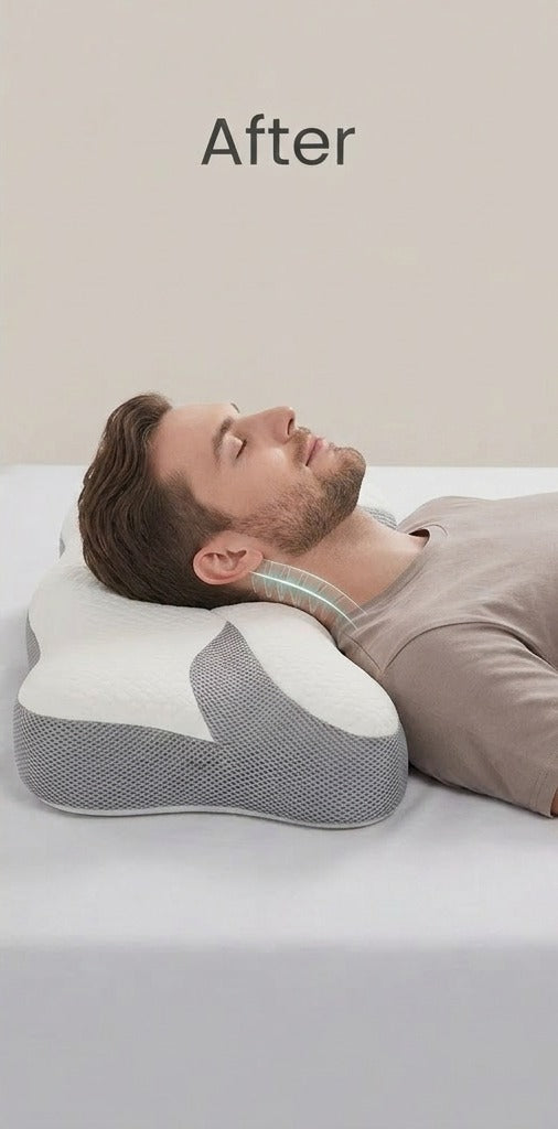 Après : nuque alignée et détendue avec l'oreiller ergonomique Confort Univers