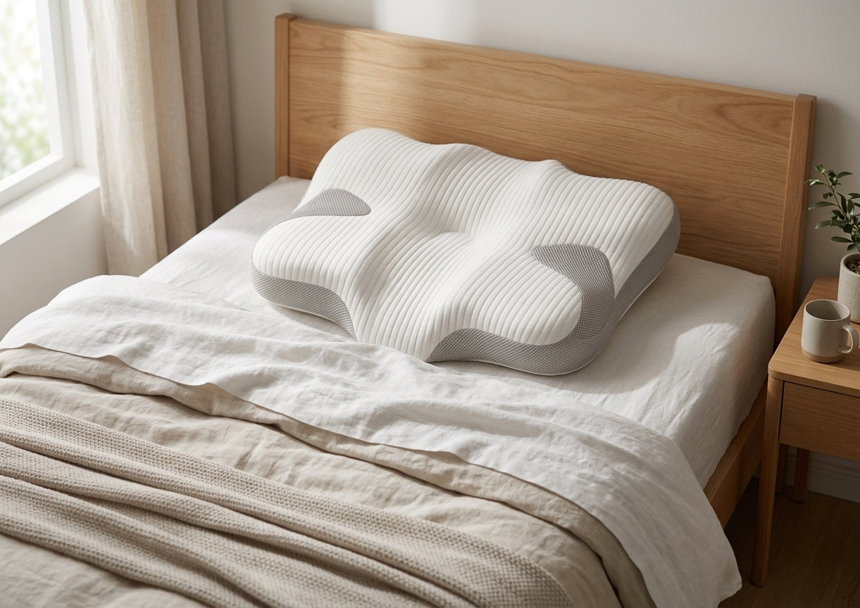 Oreiller ergonomique sur un lit en bois, lumière du matin