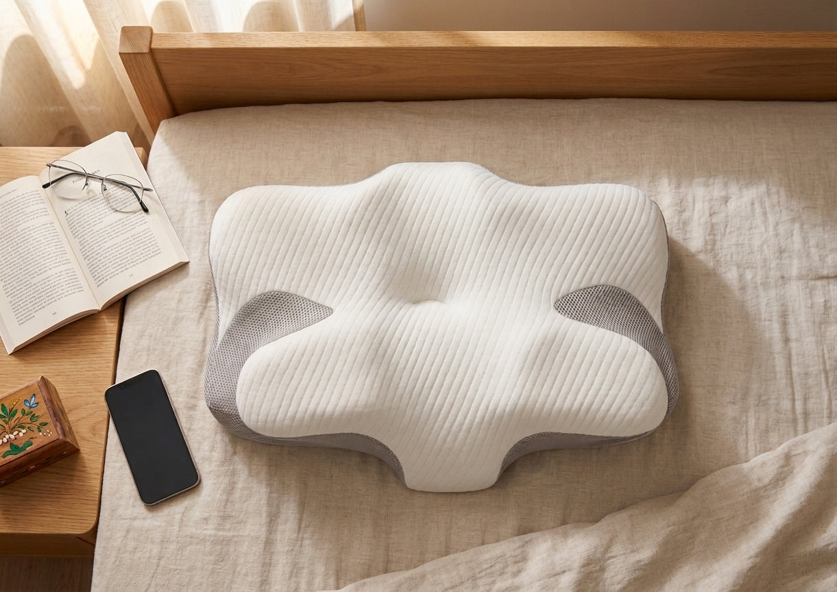 Oreiller ergonomique sur un lit avec un livre et des lunettes posés à côté