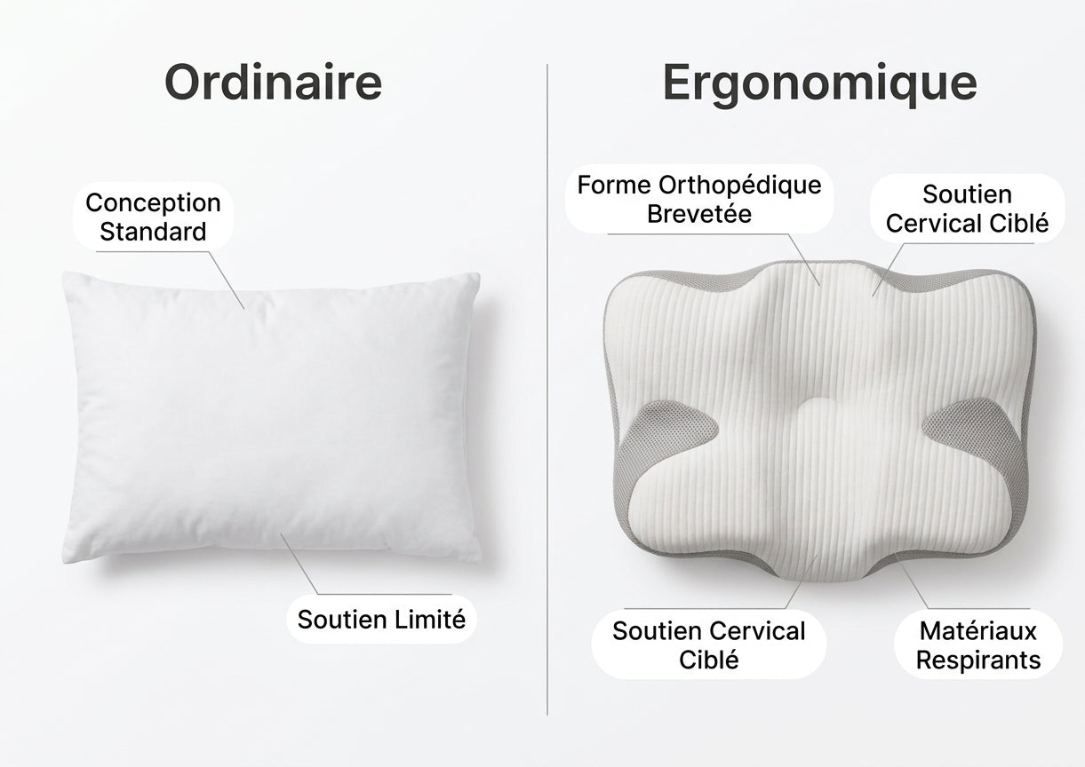 Comparaison entre un oreiller ordinaire et l'oreiller ergonomique Confort Univers
