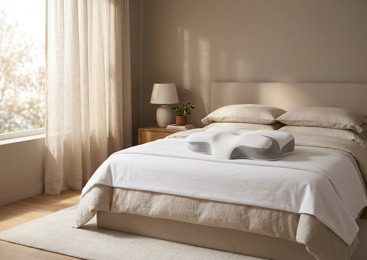 Oreiller ergonomique Confort Univers posé sur un lit, ambiance chambre chaleureuse